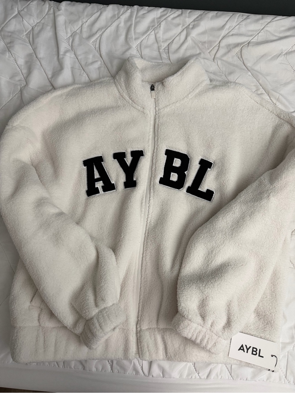 AYBL White Fleece Full-Zip Jacket with Black Lettering